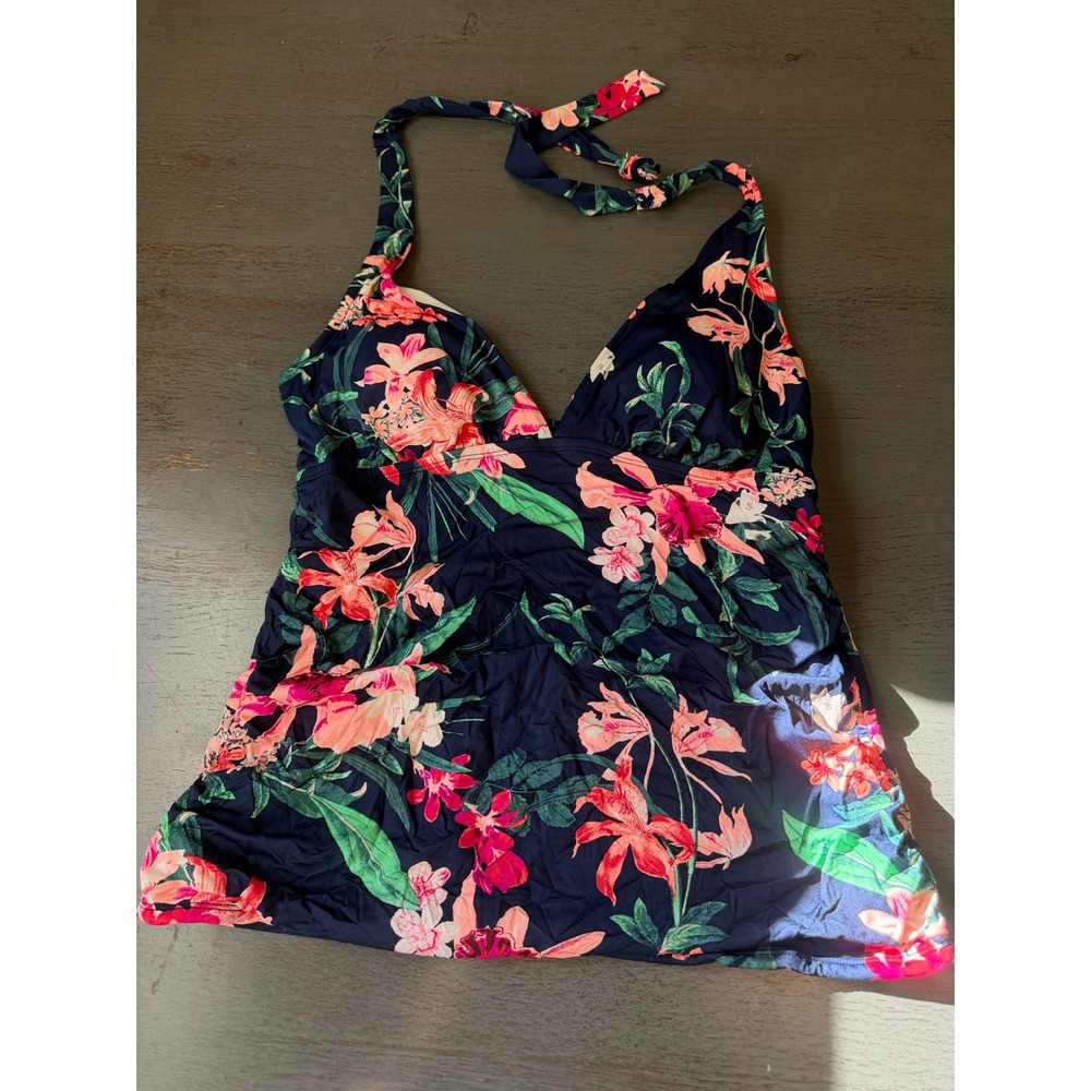 Merona Navy Blue Floral Halter Tankini Swim Top Padded Cups Large